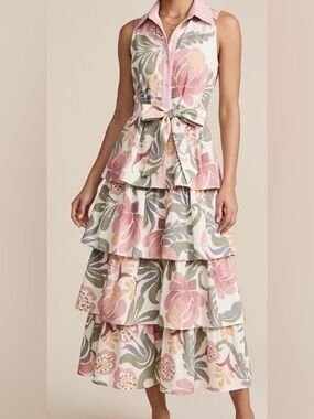 Pink Multi Floral Sleeveless Tiered Midi/Maxi Dress (Boutique)- Size Small